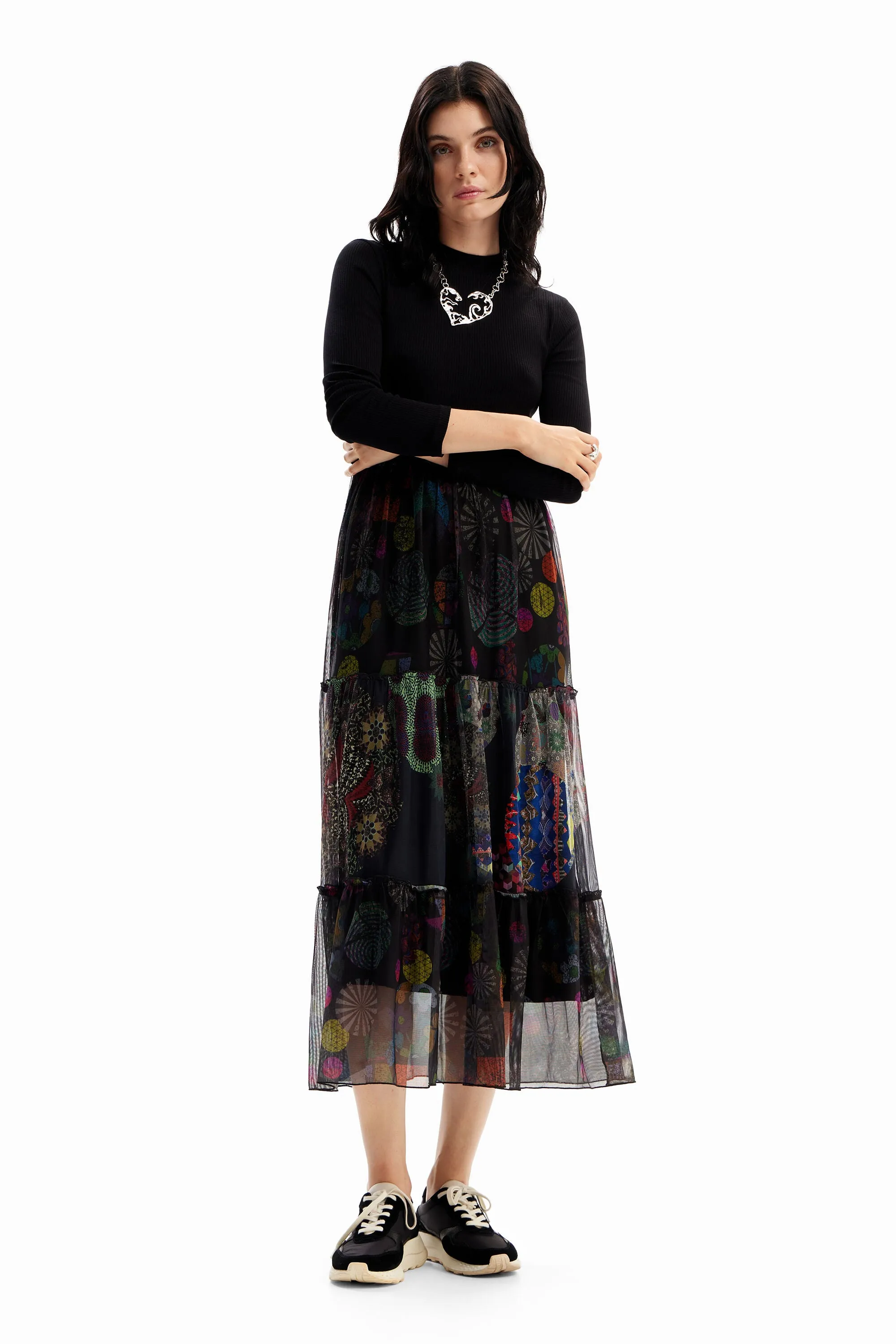 Desigual Nasdaq Poloneck Dress with Floaty Mesh Skirt 23WWVK96