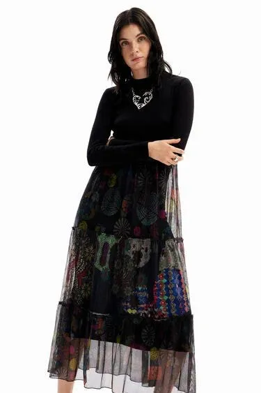 Desigual Nasdaq Poloneck Dress with Floaty Mesh Skirt 23WWVK96