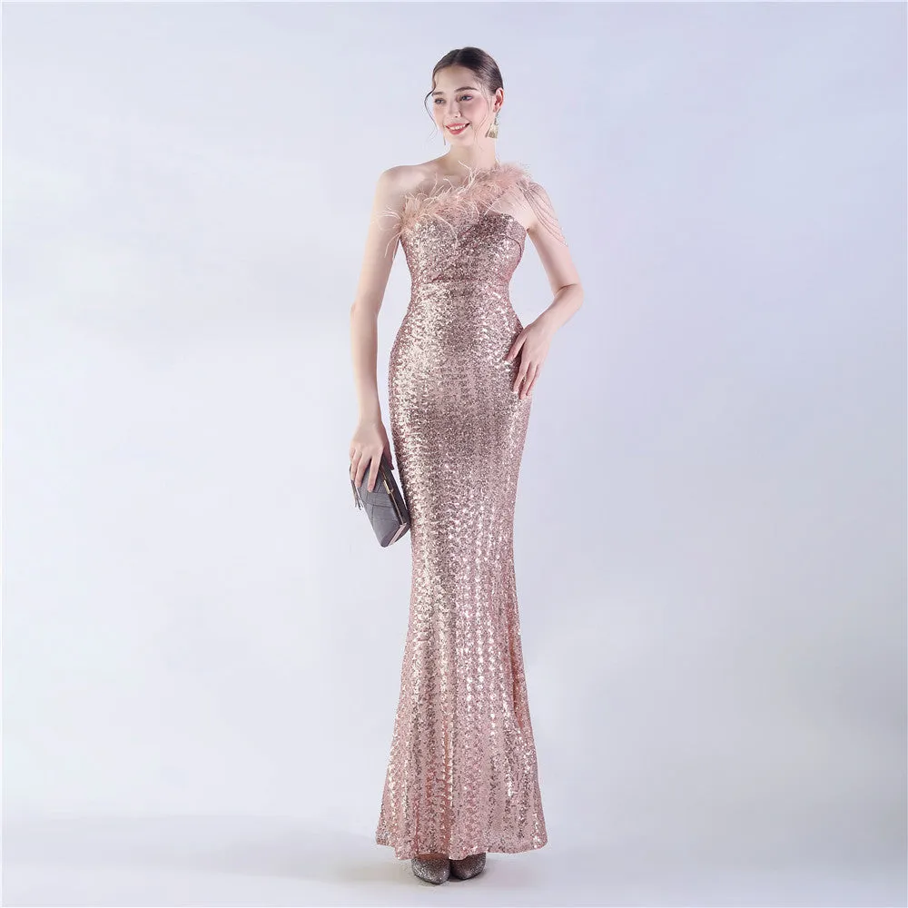 Dione-31361-Ostrich Fur Illusion Beaded Formal Dress