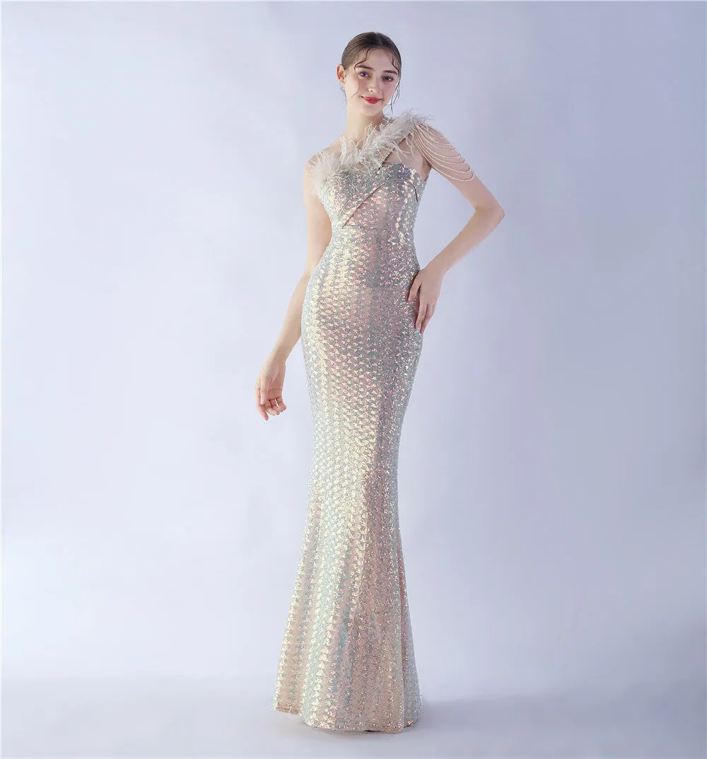 Dione-31361-Ostrich Fur Illusion Beaded Formal Dress