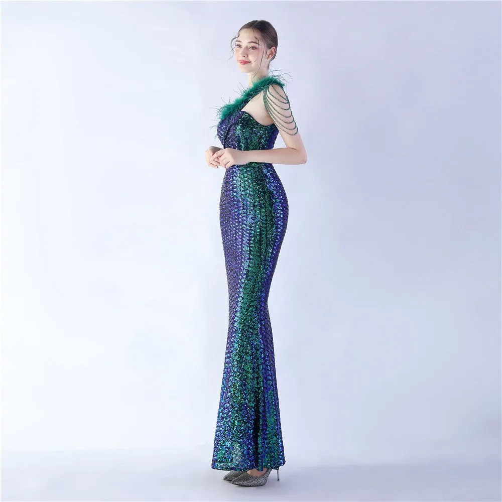 Dione-31361-Ostrich Fur Illusion Beaded Formal Dress