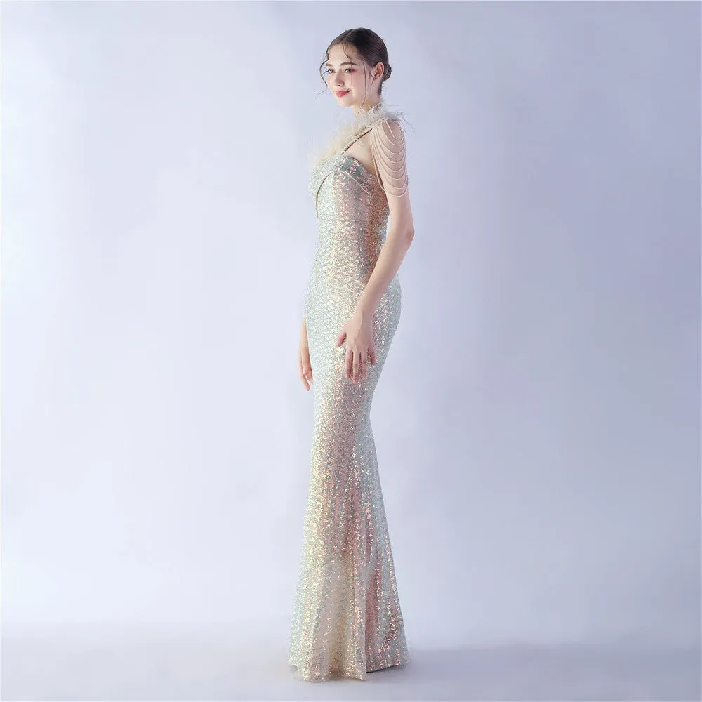 Dione-31361-Ostrich Fur Illusion Beaded Formal Dress