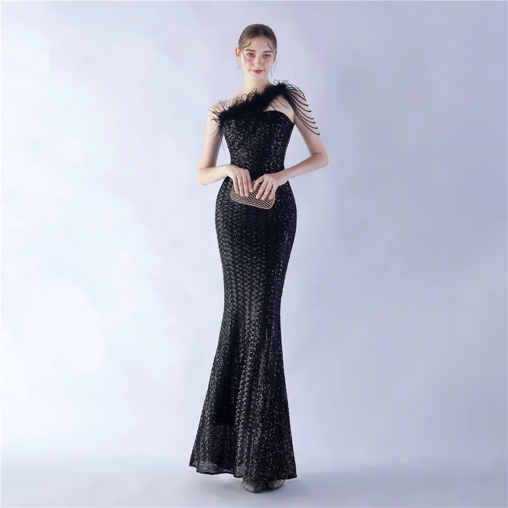 Dione-31361-Ostrich Fur Illusion Beaded Formal Dress