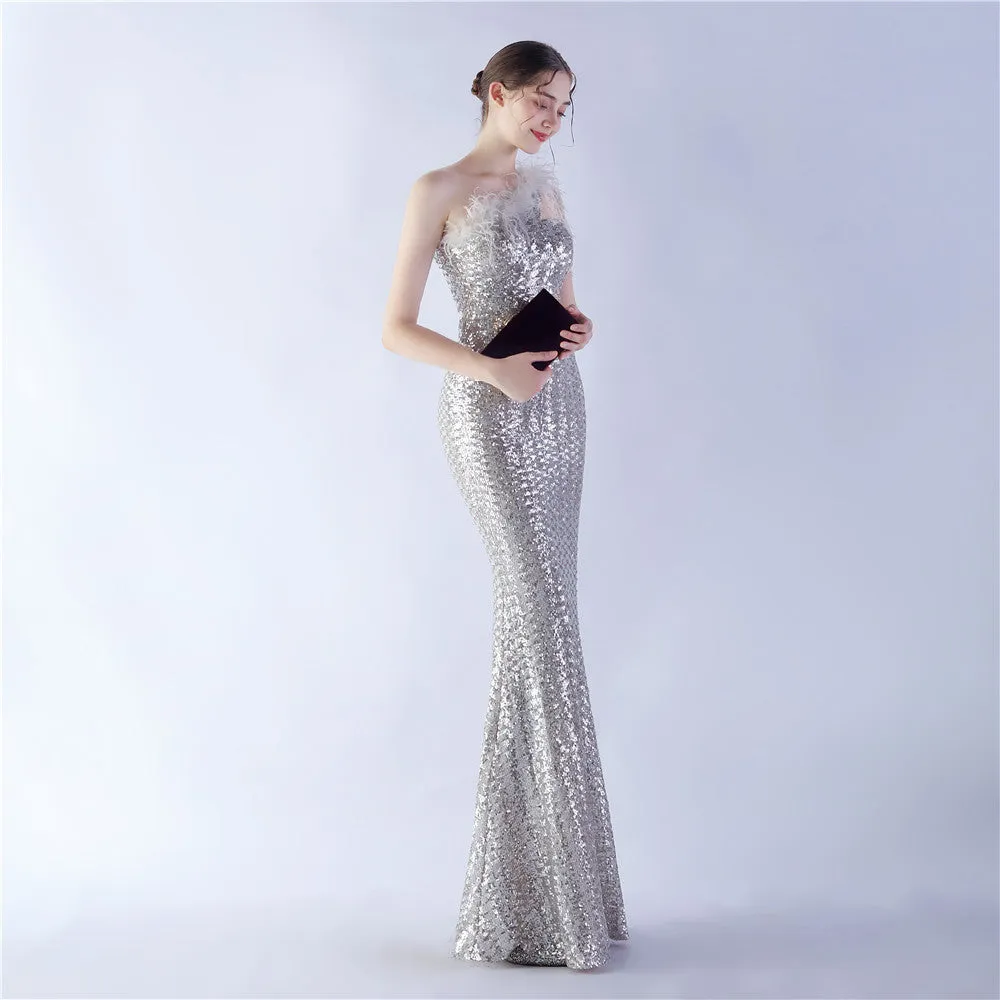 Dione-31361-Ostrich Fur Illusion Beaded Formal Dress