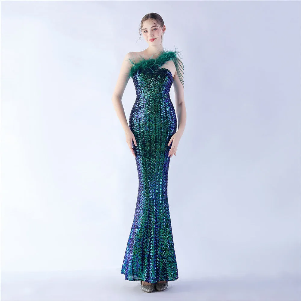 Dione-31361-Ostrich Fur Illusion Beaded Formal Dress