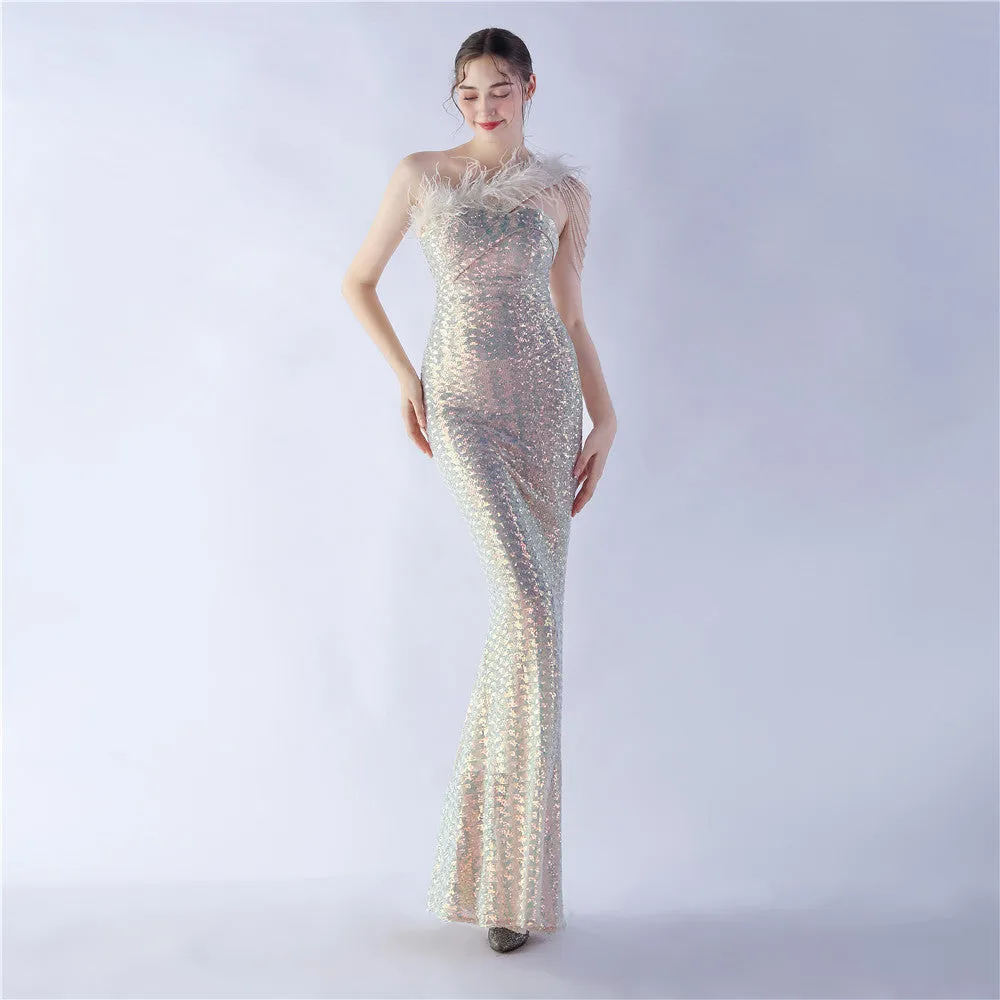 Dione-31361-Ostrich Fur Illusion Beaded Formal Dress