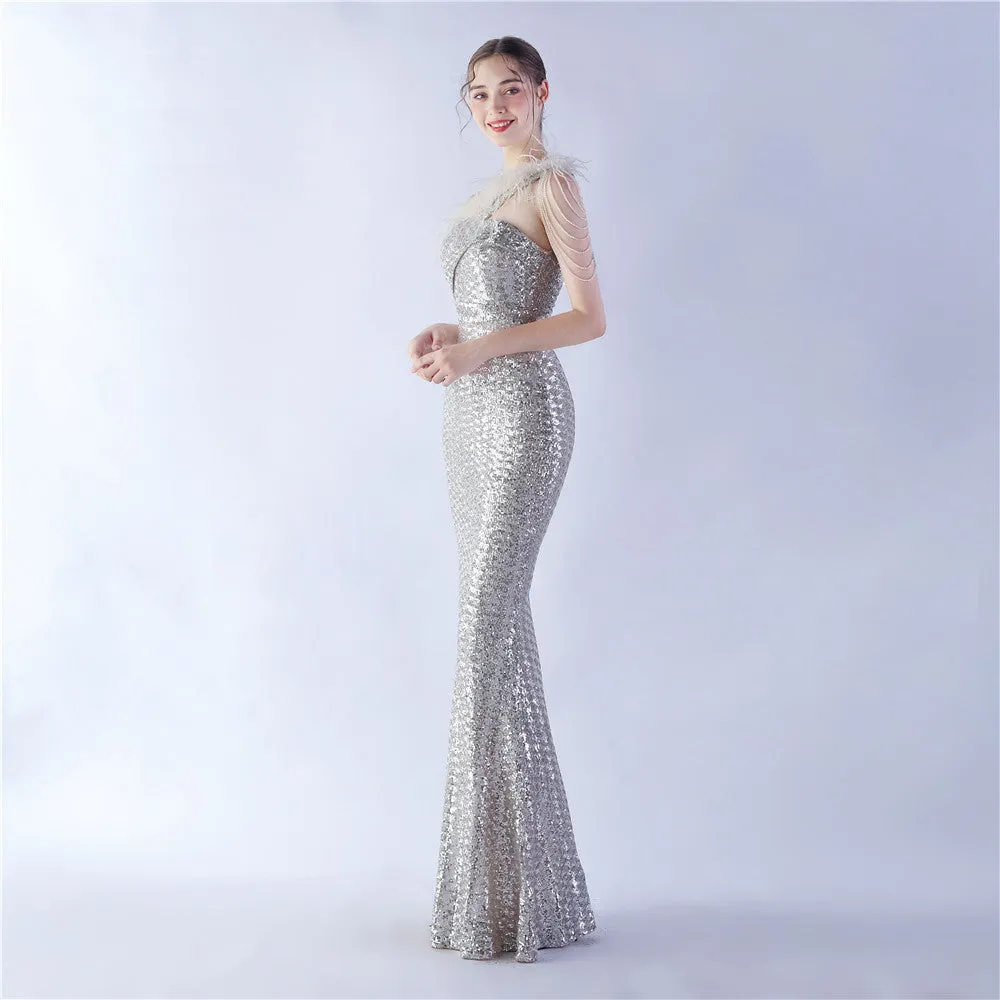 Dione-31361-Ostrich Fur Illusion Beaded Formal Dress