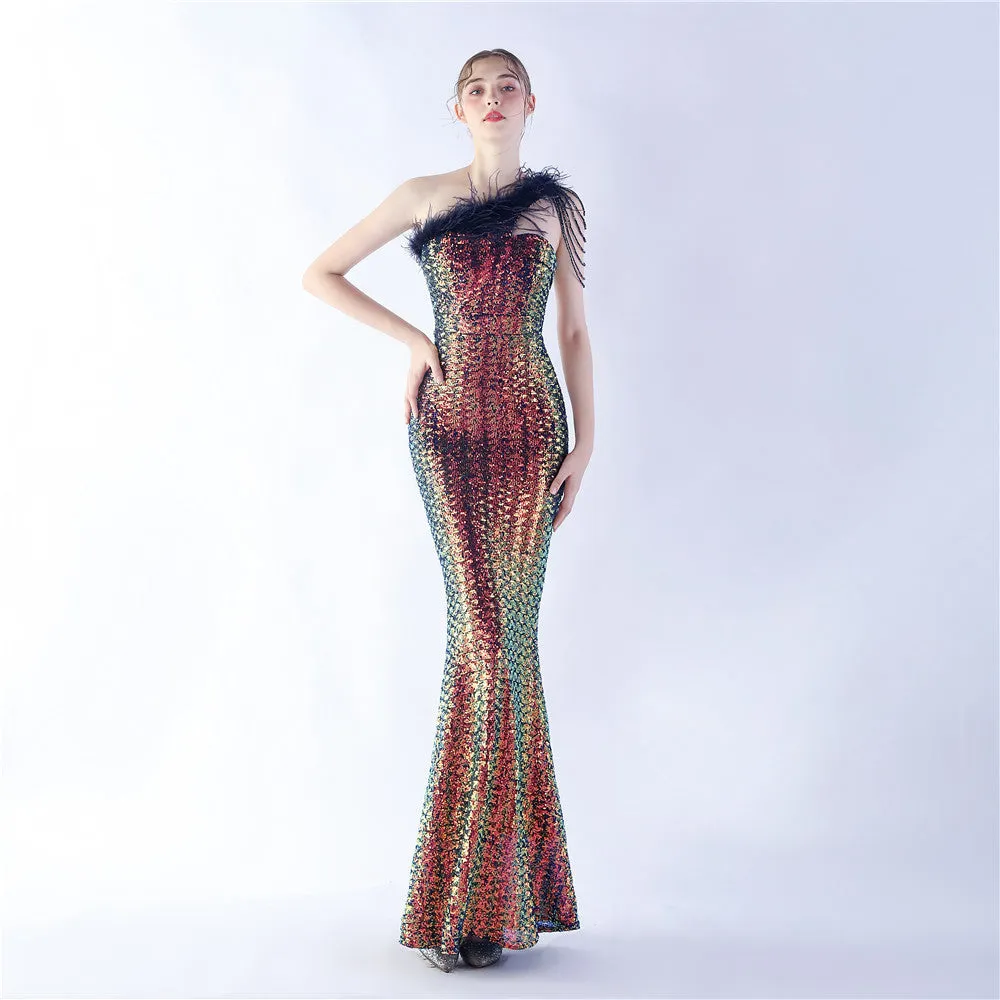 Dione-31361-Ostrich Fur Illusion Beaded Formal Dress