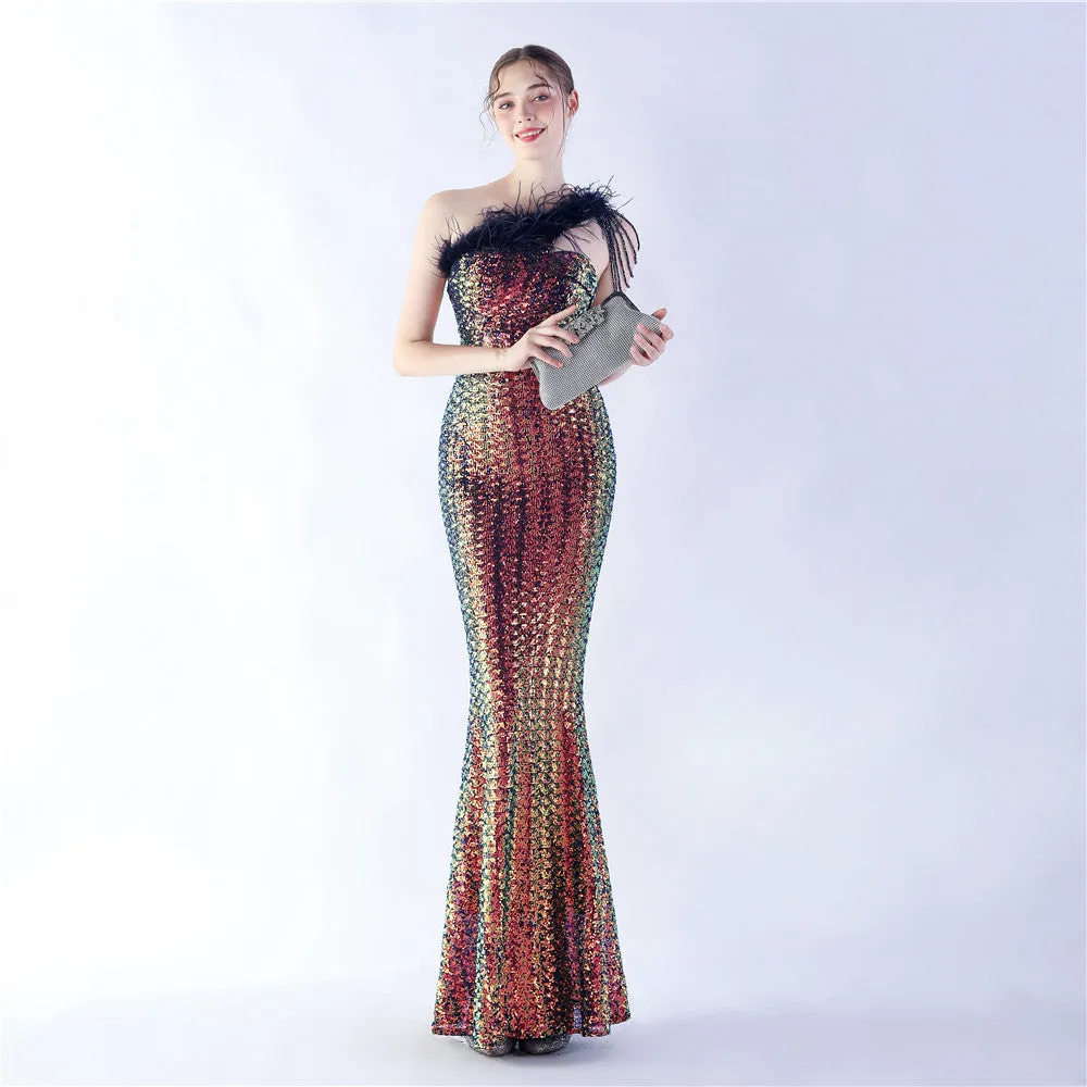Dione-31361-Ostrich Fur Illusion Beaded Formal Dress