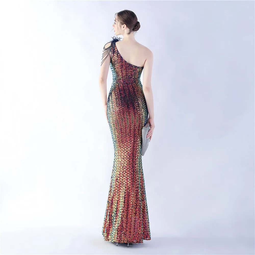 Dione-31361-Ostrich Fur Illusion Beaded Formal Dress