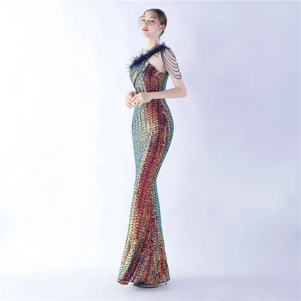 Dione-31361-Ostrich Fur Illusion Beaded Formal Dress