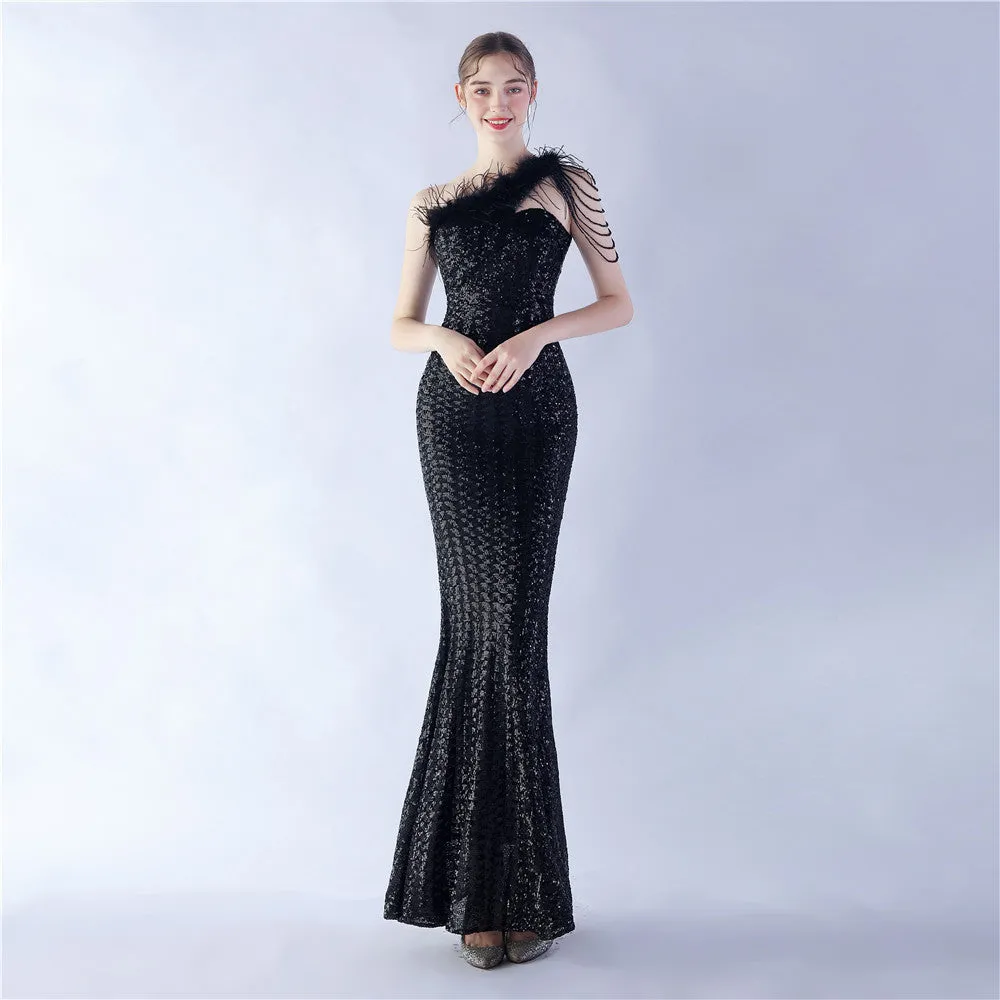 Dione-31361-Ostrich Fur Illusion Beaded Formal Dress