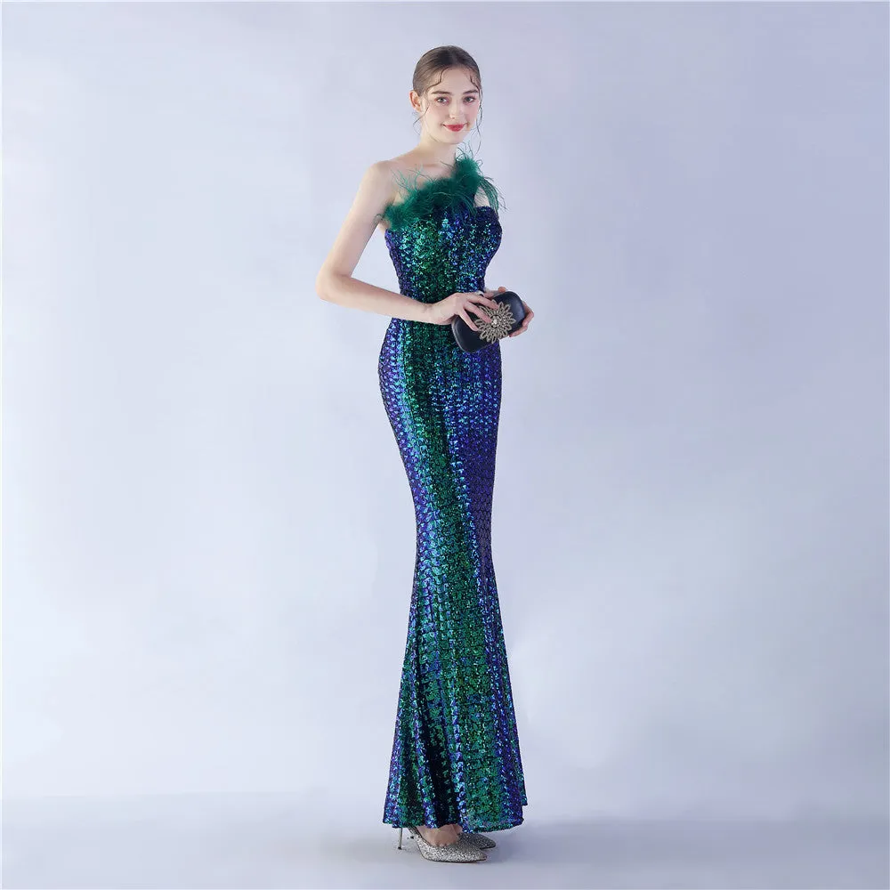 Dione-31361-Ostrich Fur Illusion Beaded Formal Dress