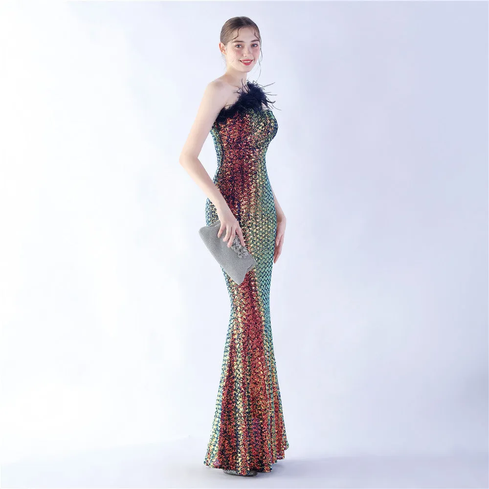 Dione-31361-Ostrich Fur Illusion Beaded Formal Dress