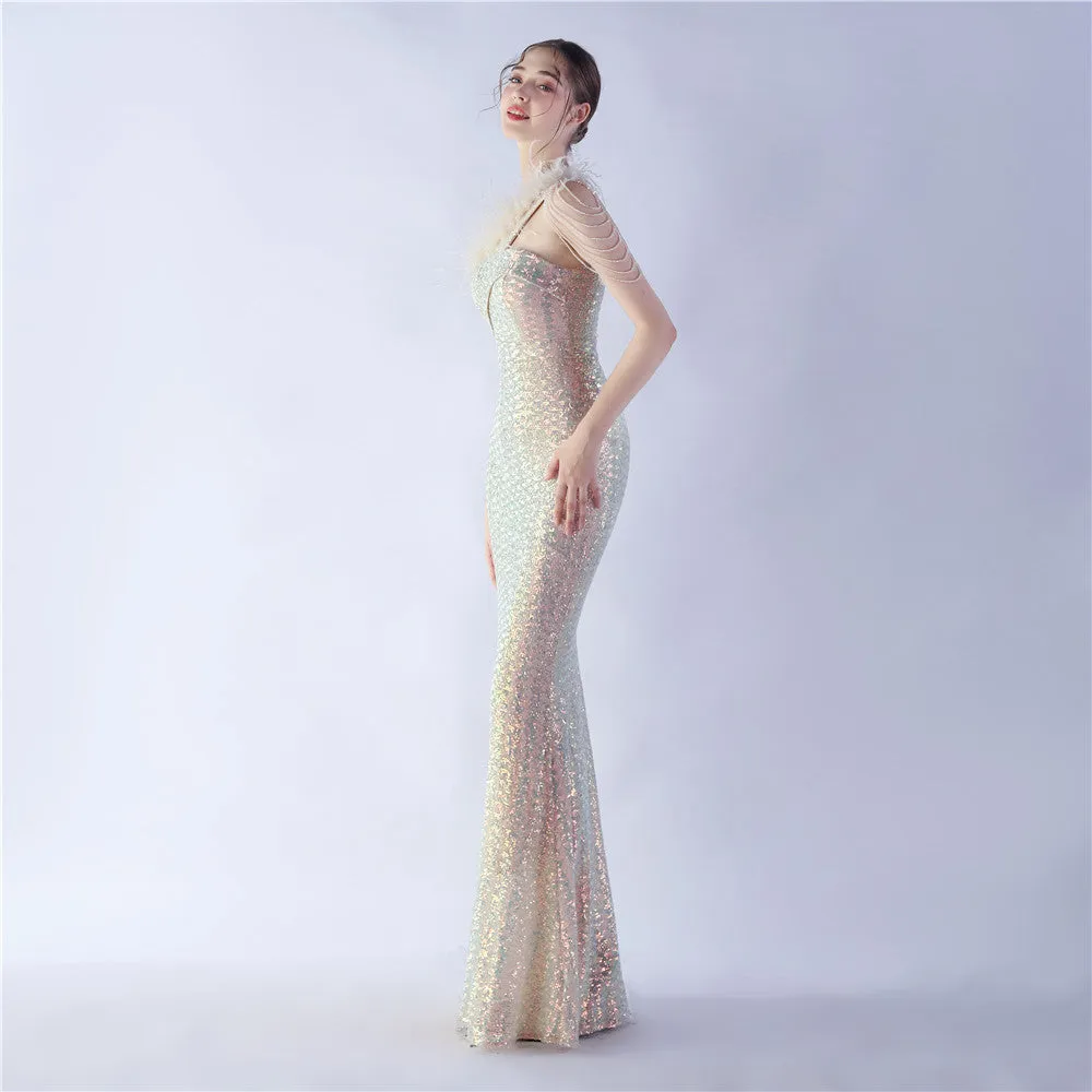 Dione-31361-Ostrich Fur Illusion Beaded Formal Dress