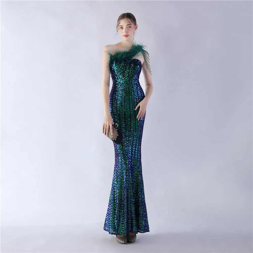 Dione-31361-Ostrich Fur Illusion Beaded Formal Dress