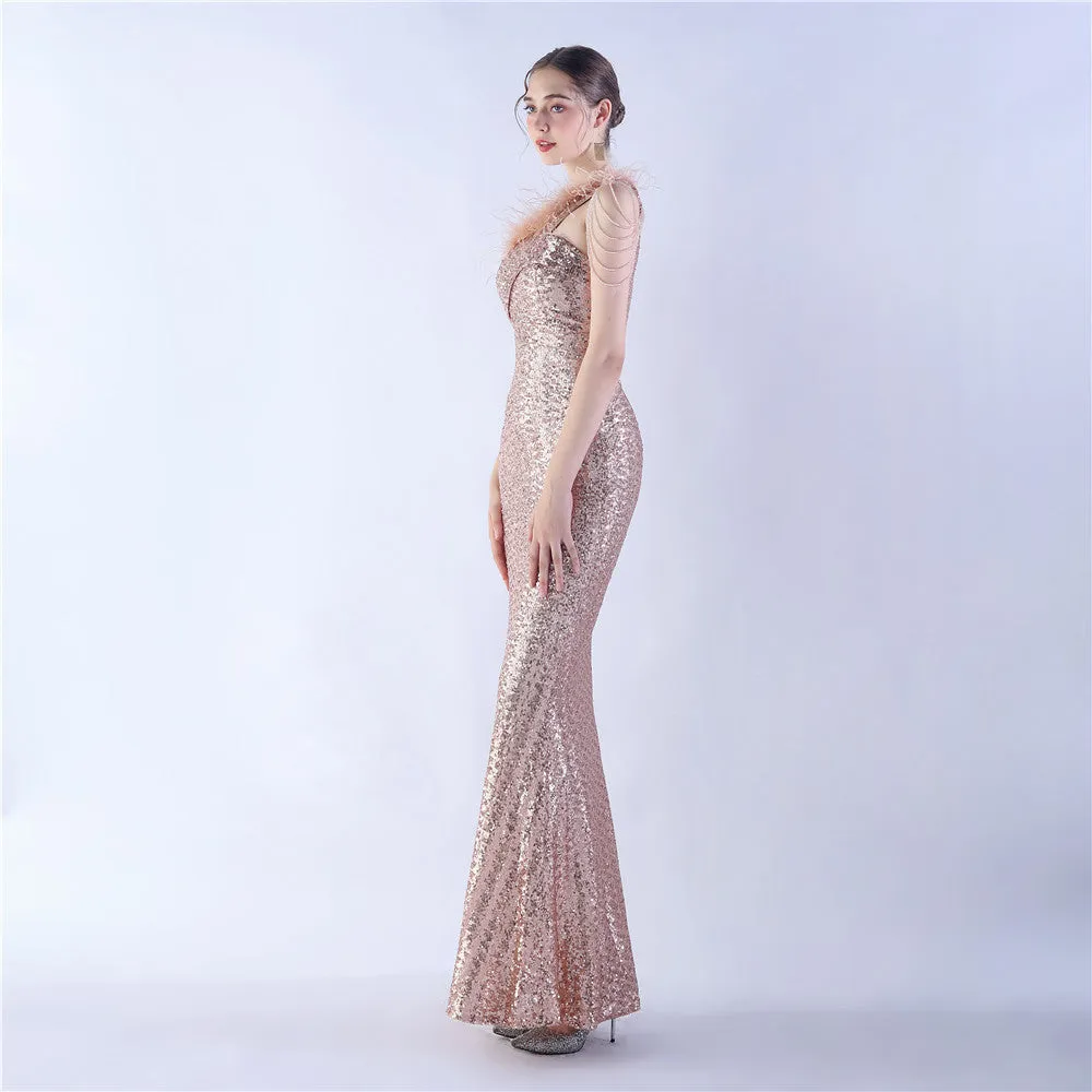 Dione-31361-Ostrich Fur Illusion Beaded Formal Dress