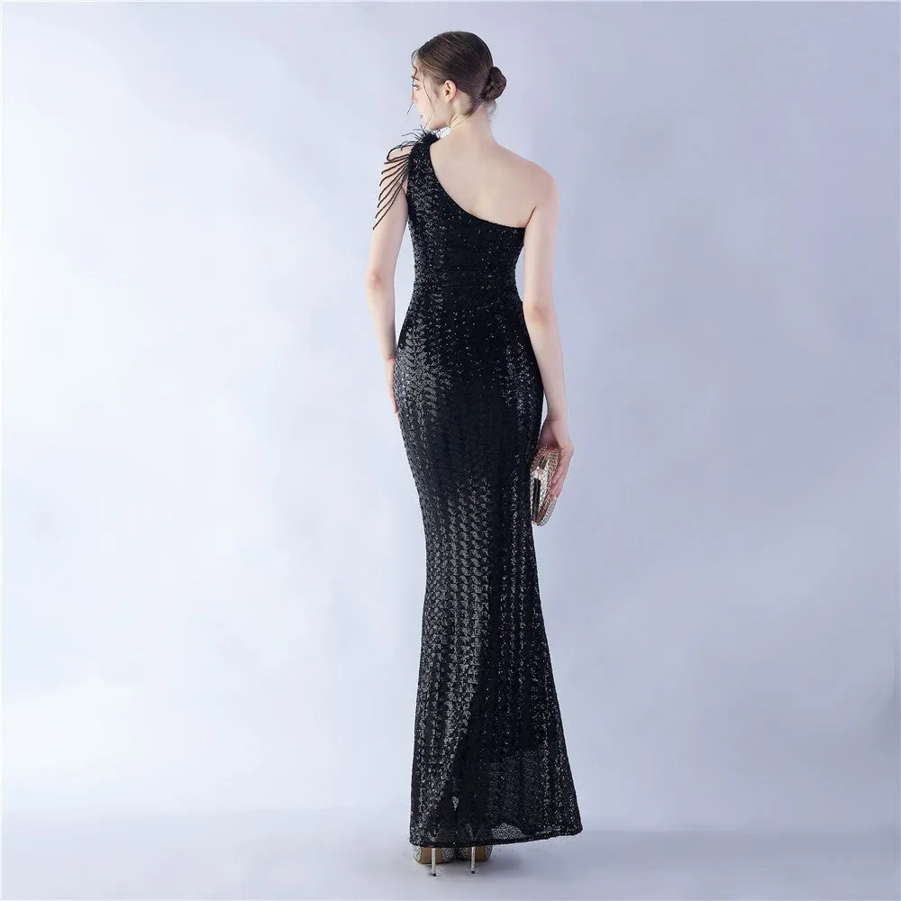 Dione-31361-Ostrich Fur Illusion Beaded Formal Dress