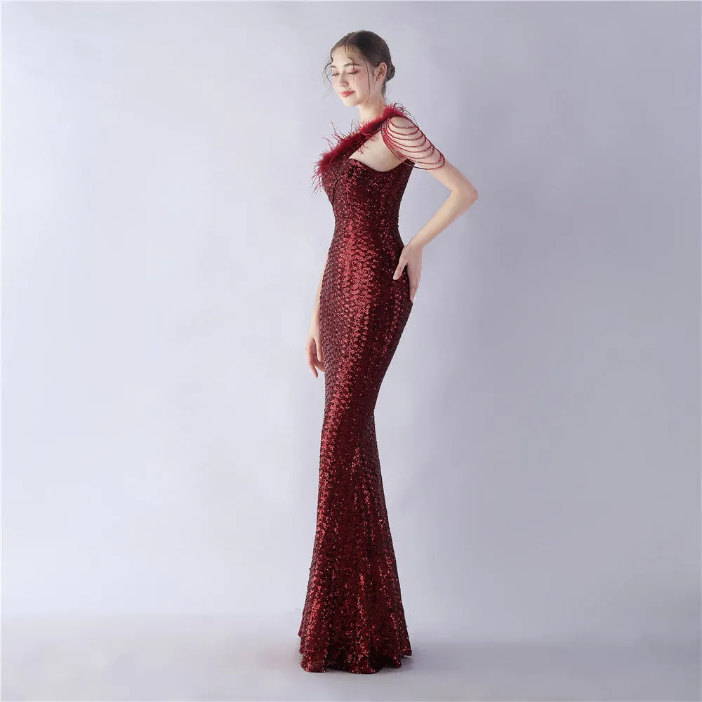 Dione-31361-Ostrich Fur Illusion Beaded Formal Dress