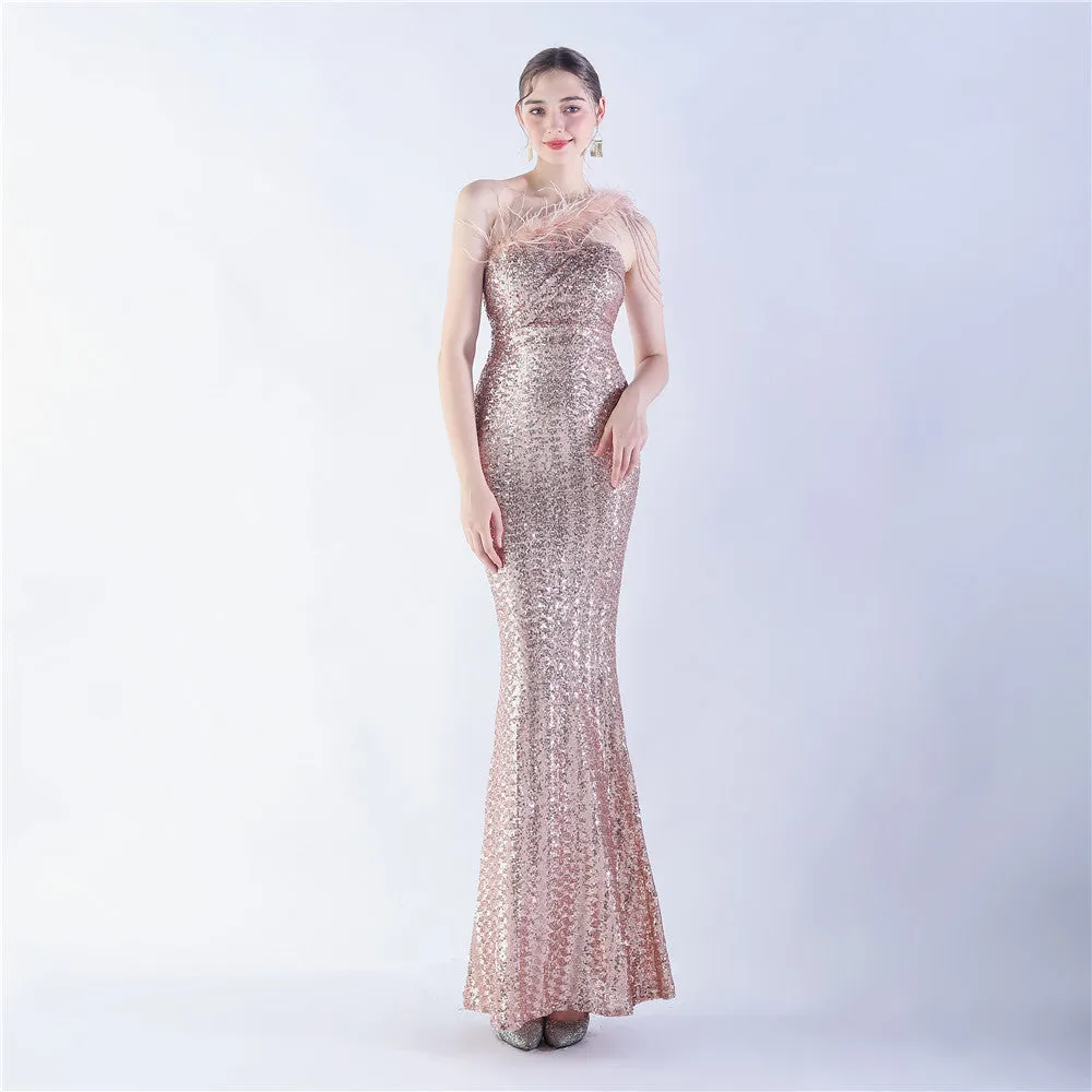 Dione-31361-Ostrich Fur Illusion Beaded Formal Dress