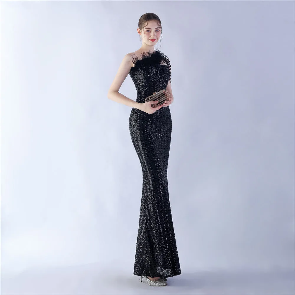 Dione-31361-Ostrich Fur Illusion Beaded Formal Dress