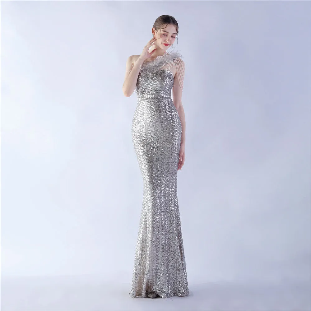 Dione-31361-Ostrich Fur Illusion Beaded Formal Dress