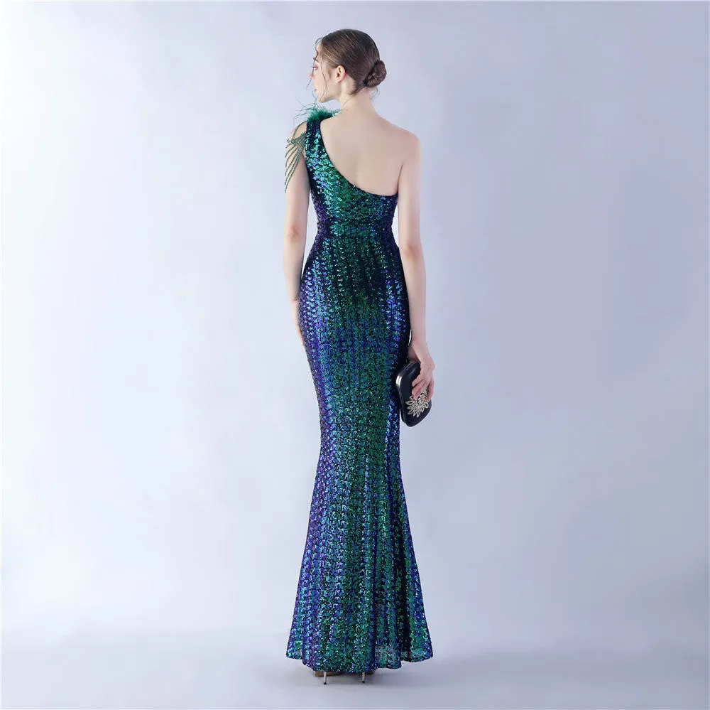 Dione-31361-Ostrich Fur Illusion Beaded Formal Dress