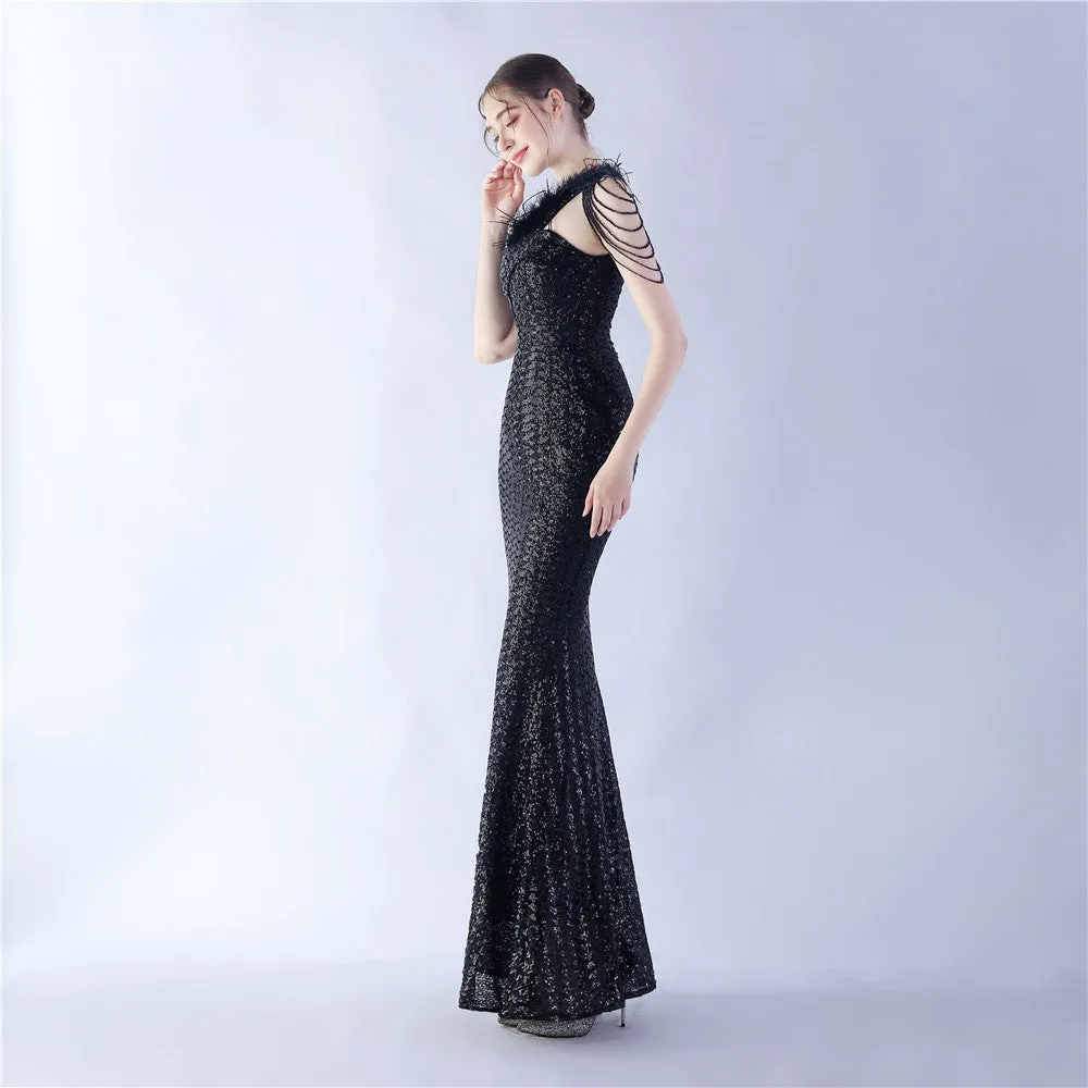 Dione-31361-Ostrich Fur Illusion Beaded Formal Dress