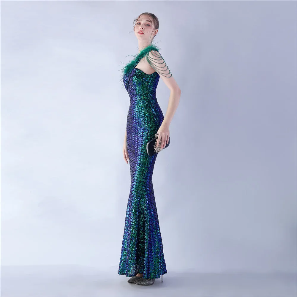 Dione-31361-Ostrich Fur Illusion Beaded Formal Dress