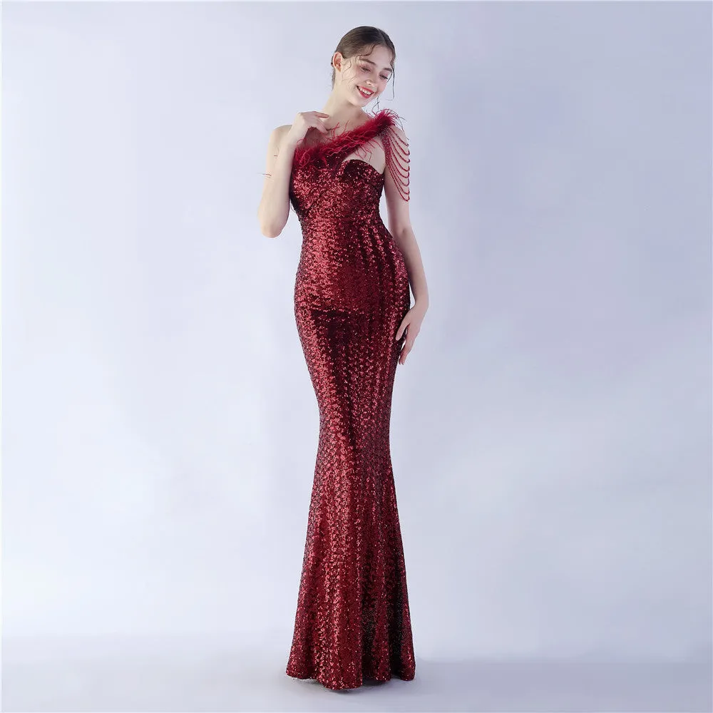 Dione-31361-Ostrich Fur Illusion Beaded Formal Dress