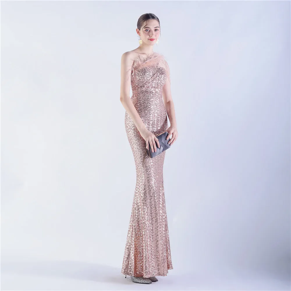 Dione-31361-Ostrich Fur Illusion Beaded Formal Dress