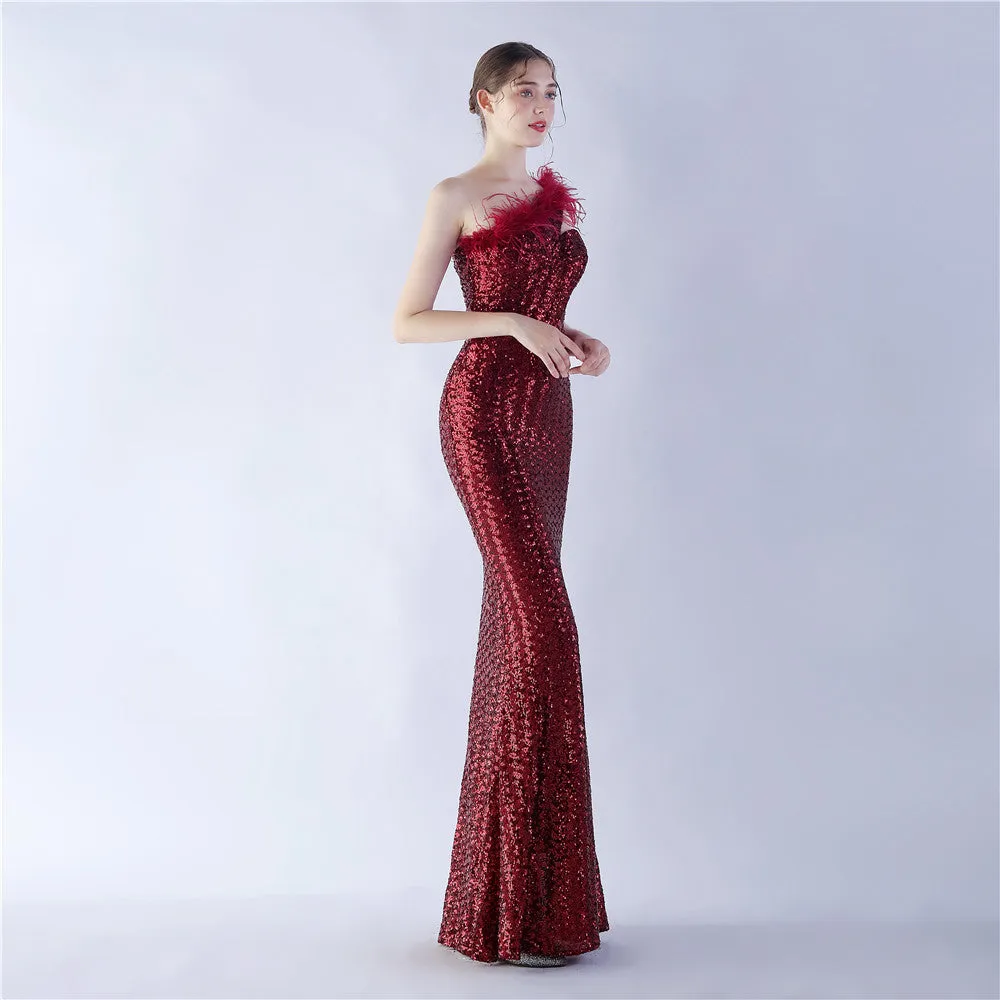 Dione-31361-Ostrich Fur Illusion Beaded Formal Dress