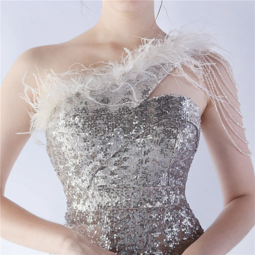 Dione-31361-Ostrich Fur Illusion Beaded Formal Dress