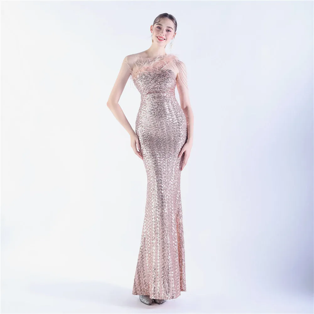 Dione-31361-Ostrich Fur Illusion Beaded Formal Dress