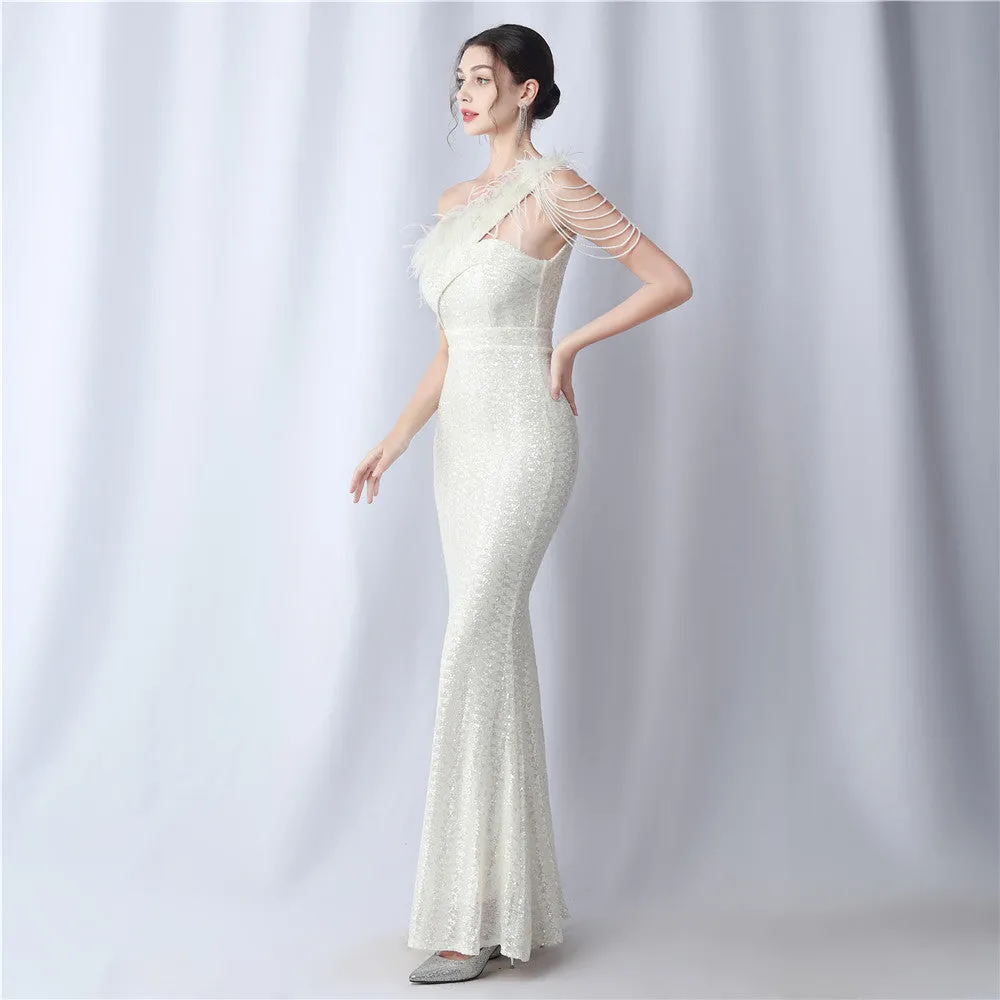 Dione-31361-Ostrich Fur Illusion Beaded Formal Dress