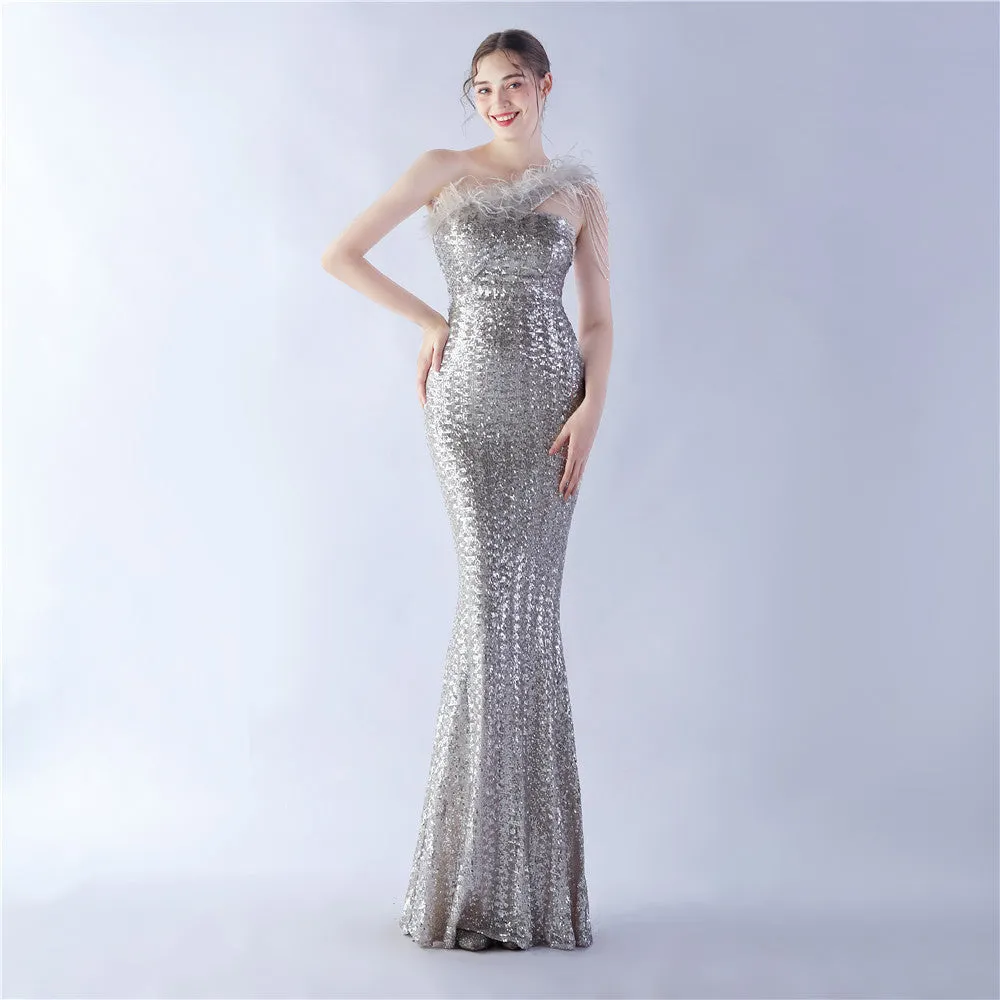 Dione-31361-Ostrich Fur Illusion Beaded Formal Dress