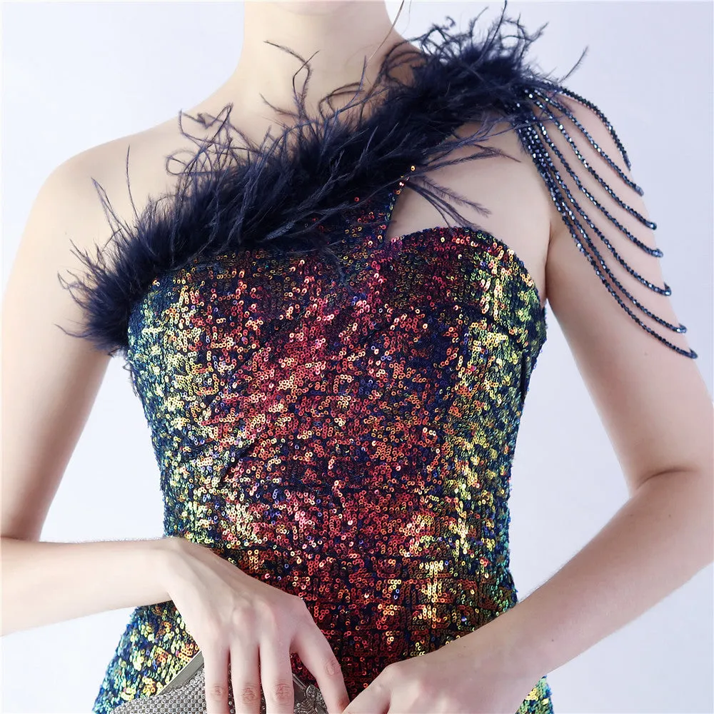 Dione-31361-Ostrich Fur Illusion Beaded Formal Dress