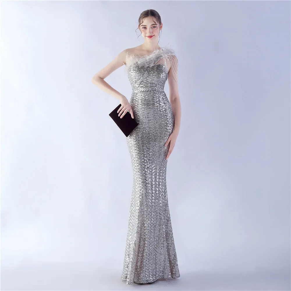 Dione-31361-Ostrich Fur Illusion Beaded Formal Dress