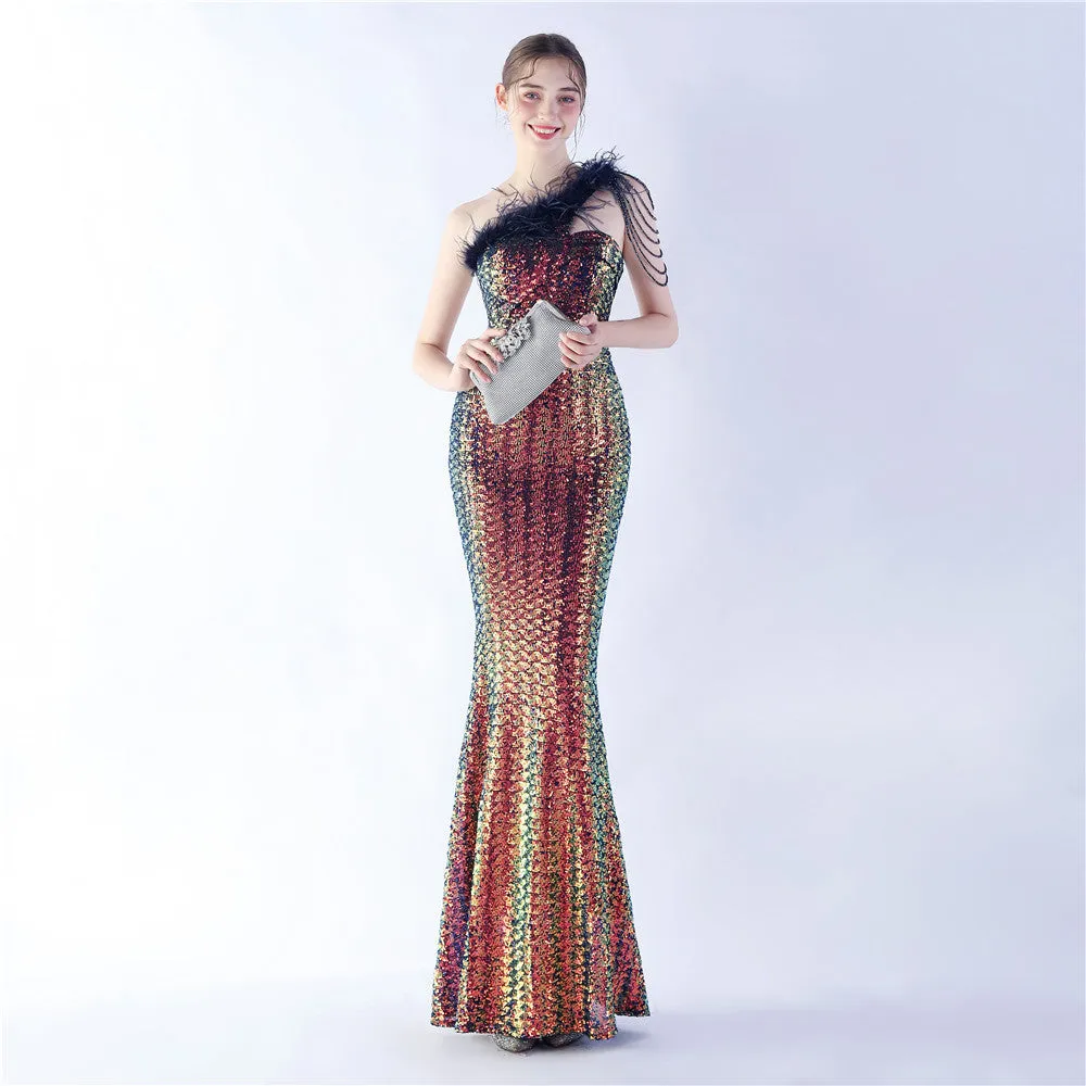 Dione-31361-Ostrich Fur Illusion Beaded Formal Dress