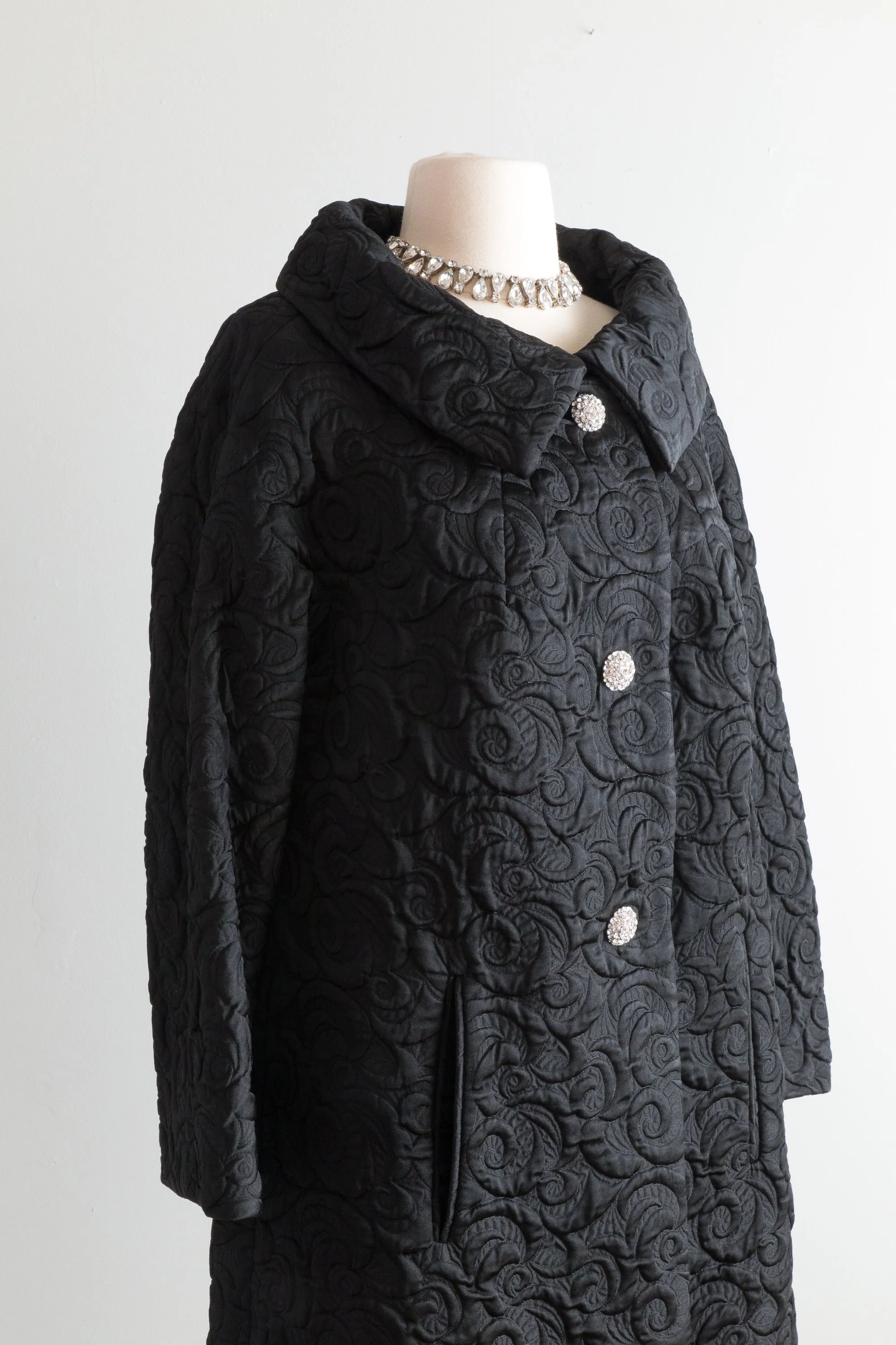 FABULOUS 1960's Black Brocade Evening Coat From Montaldos / Medium