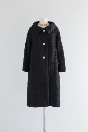 FABULOUS 1960's Black Brocade Evening Coat From Montaldos / Medium