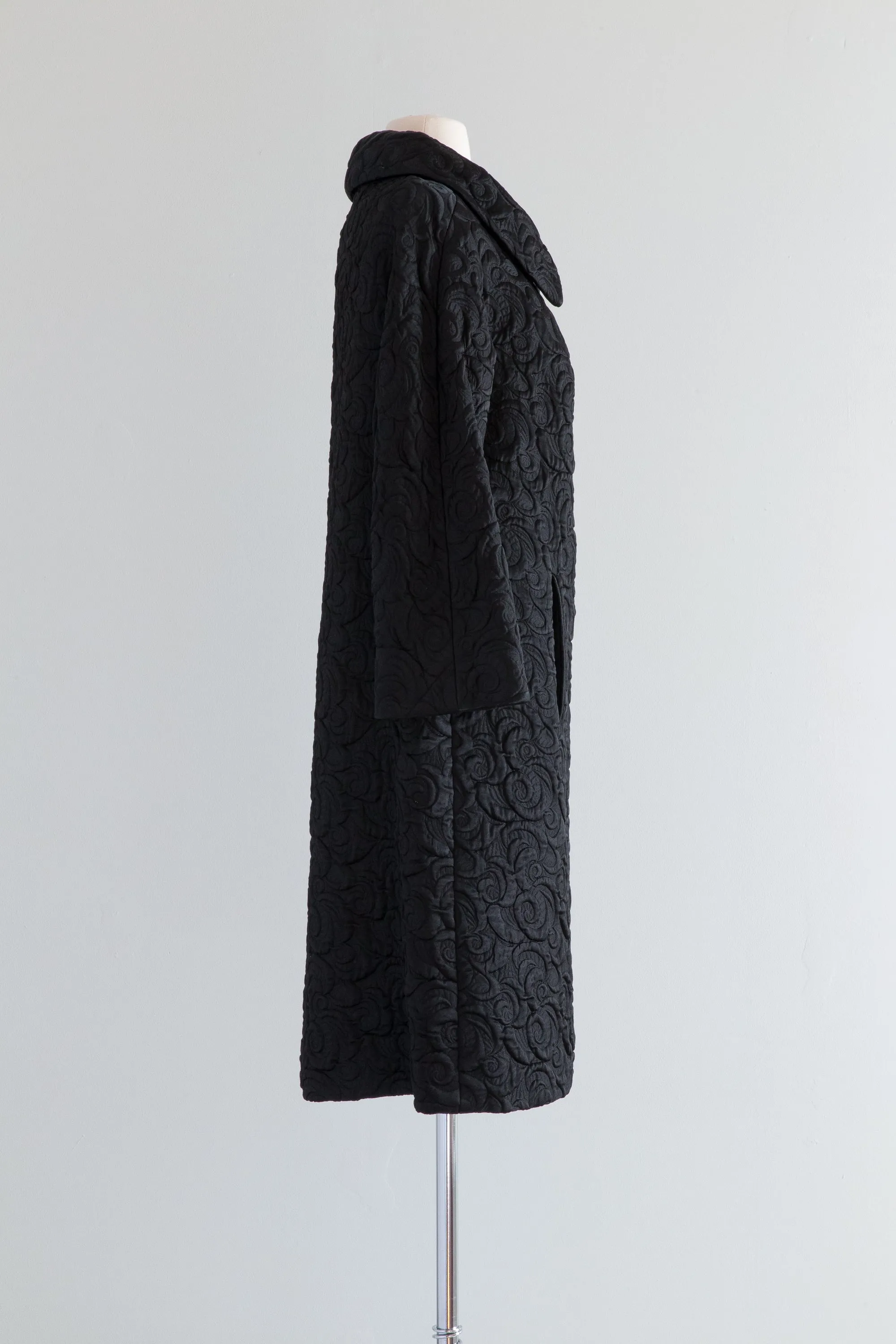 FABULOUS 1960's Black Brocade Evening Coat From Montaldos / Medium