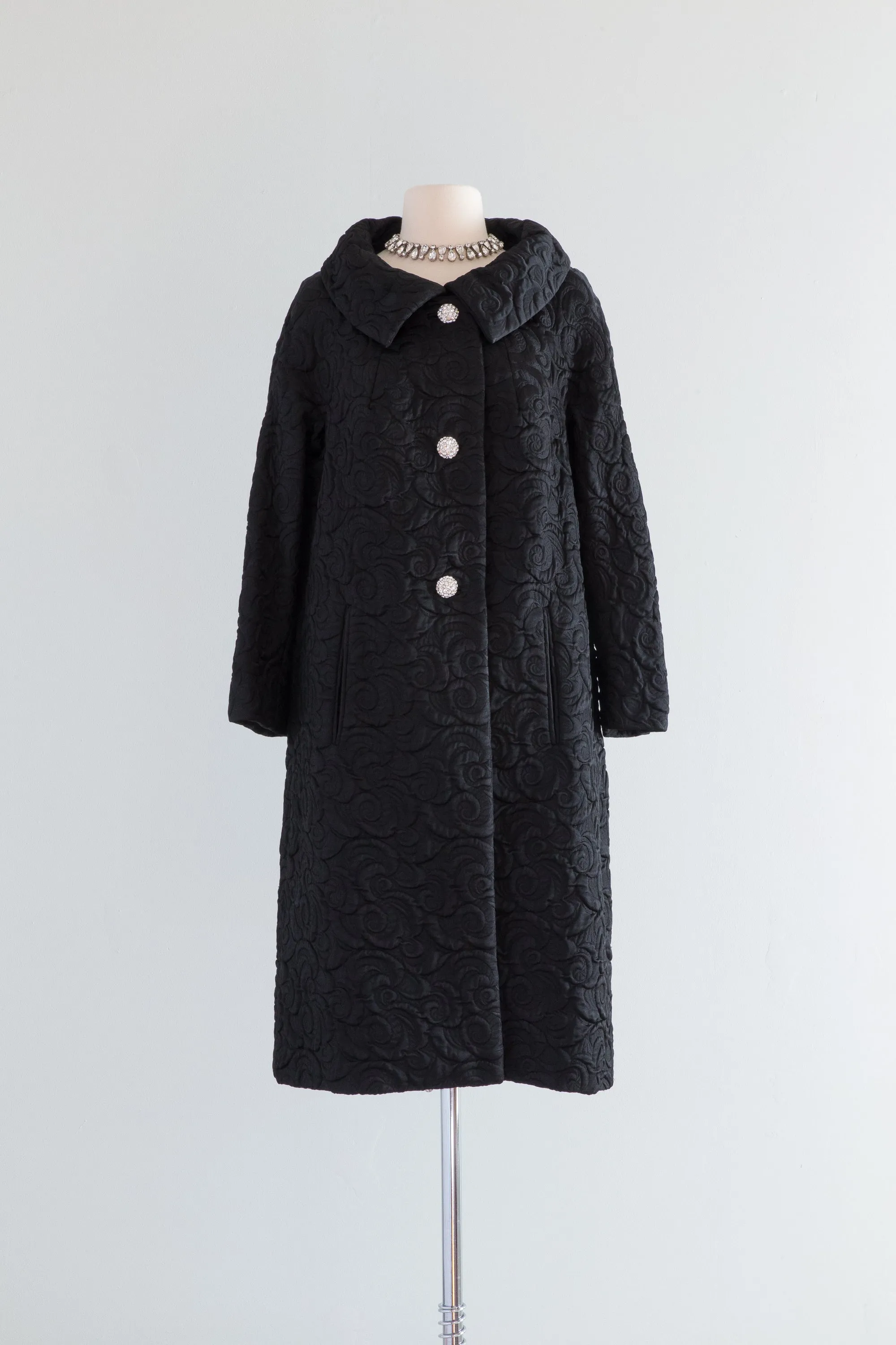 FABULOUS 1960's Black Brocade Evening Coat From Montaldos / Medium