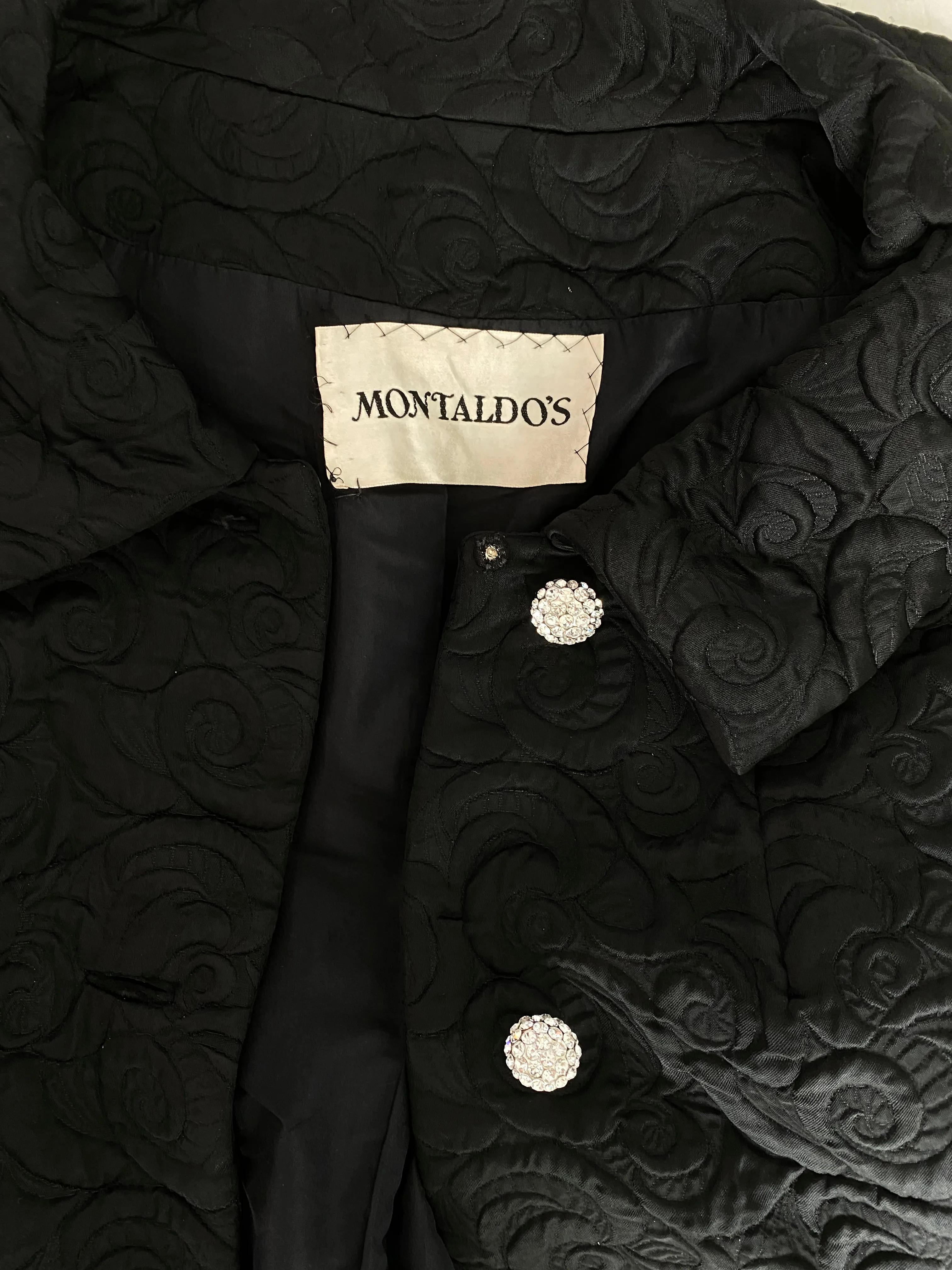 FABULOUS 1960's Black Brocade Evening Coat From Montaldos / Medium