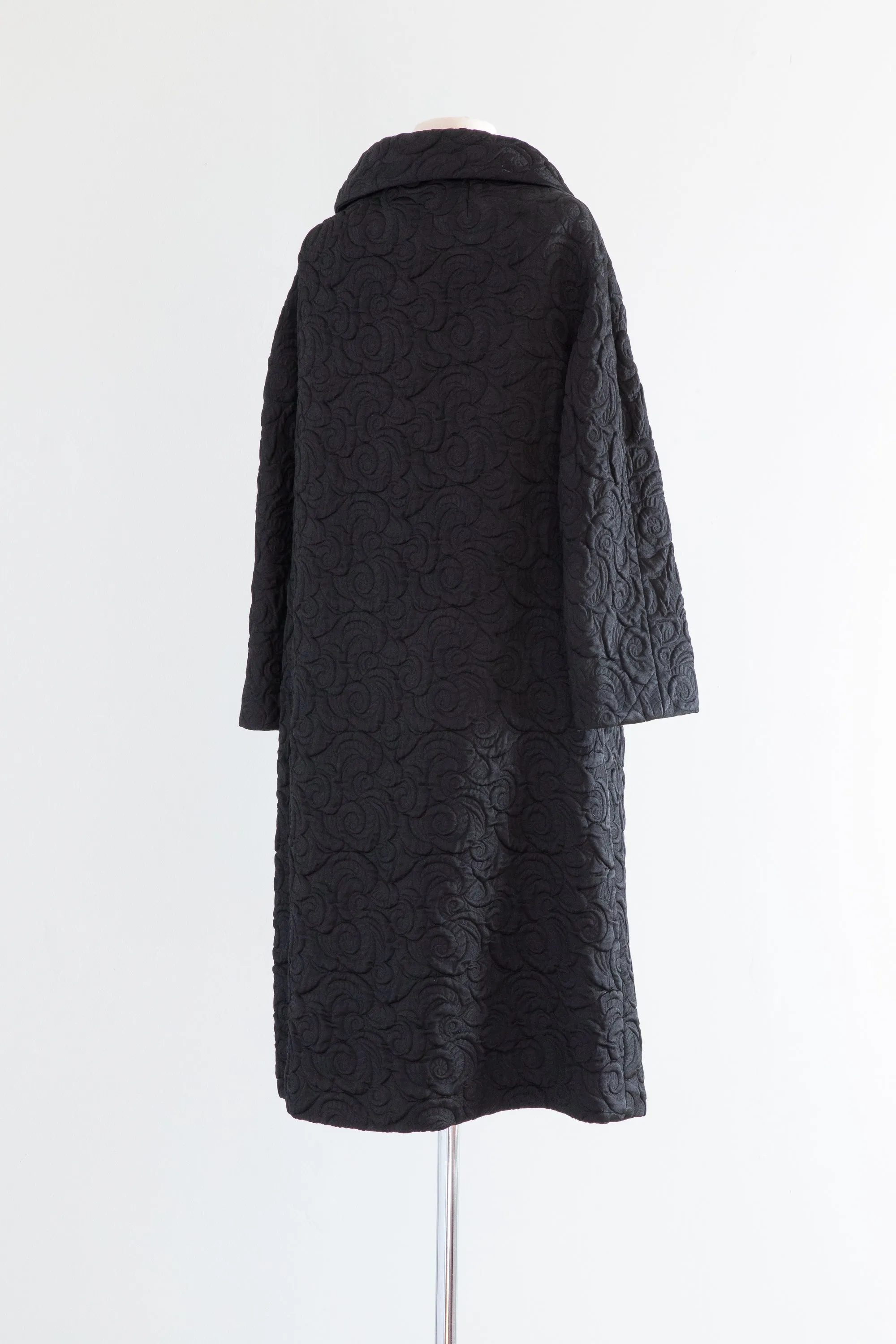 FABULOUS 1960's Black Brocade Evening Coat From Montaldos / Medium