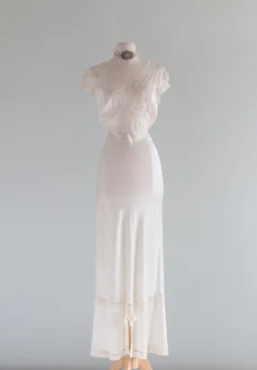 Gorgeous 1930's Bias Cut Ivory Satin Slip Dress Night Gown / Small