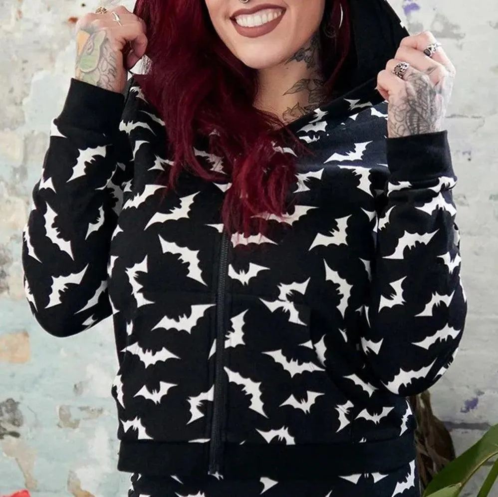Gothic Bat Zip Hoodie, Fashionable Print Long Sleeve Costume For Women