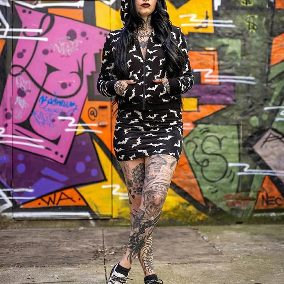 Gothic Bat Zip Hoodie, Fashionable Print Long Sleeve Costume For Women