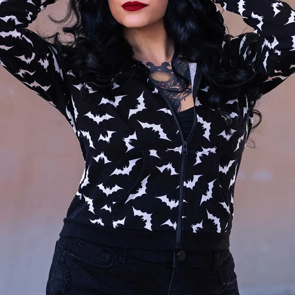 Gothic Bat Zip Hoodie, Fashionable Print Long Sleeve Costume For Women