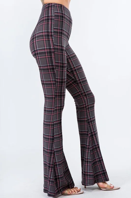 Gray Plaid Print Bell Bottom Leggings